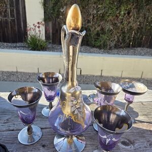 Elegant Purple and Gold Glass Decanter Set